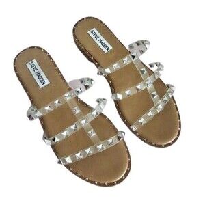 Steve Madden Size 7M Womens Averill Tan Clear Studded Flat Sandals Gladiator